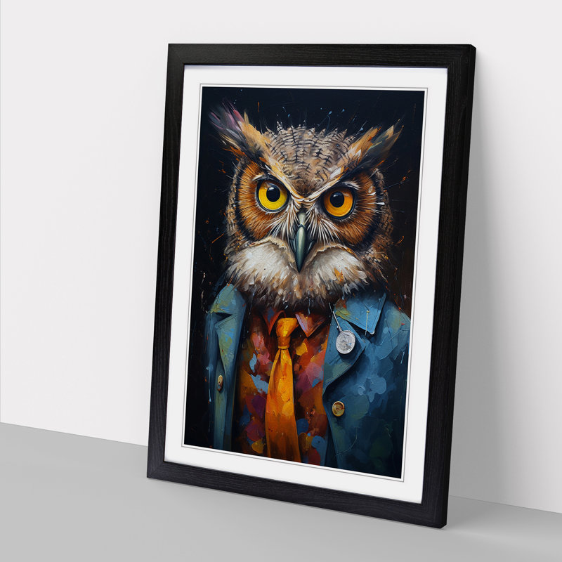 Owl With Glasses Painting - Single Picture Frame Print on Wood, 34cm H x 25cm W x 2cm D, Black Framed