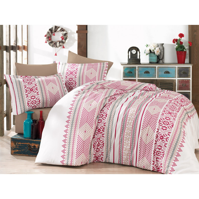 Ensemble de housse de couette 100% coton 3 pièces blanc / beige / rose Vance