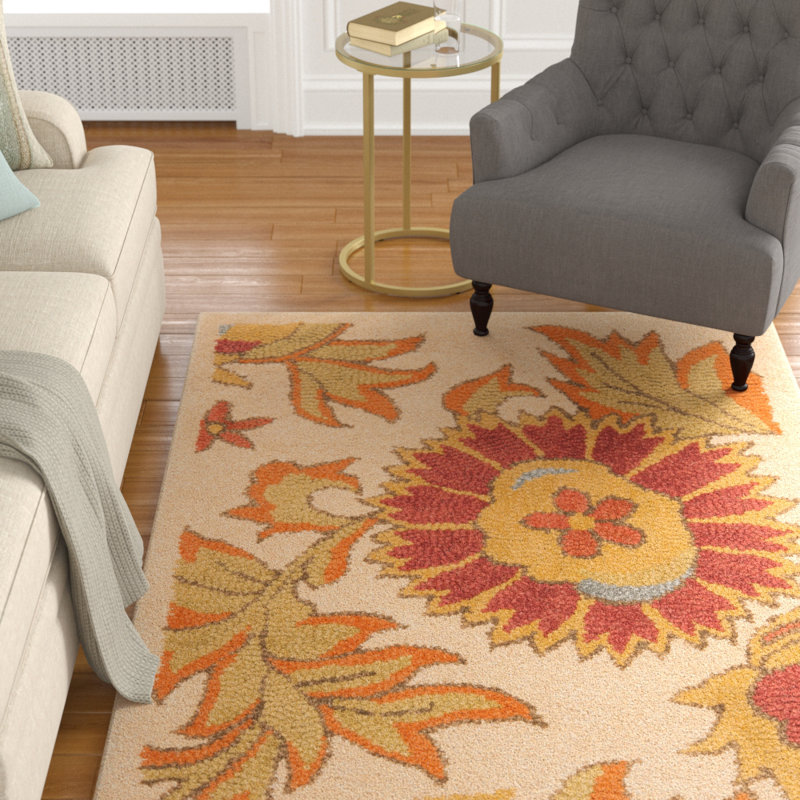 Tapis ivoire en laine / coton / latex crocheté à la main Emrick Blossom, Rectangle 5 pi x 8 pi