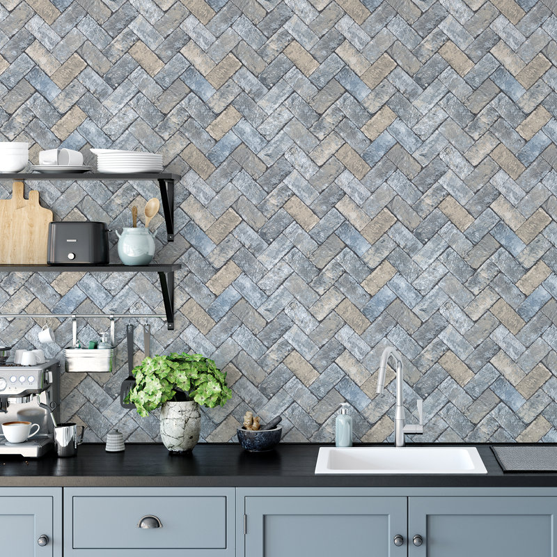 Fereol Herringbone Brick 10m X 53cm Wallpaper Roll, Blue/Taupe