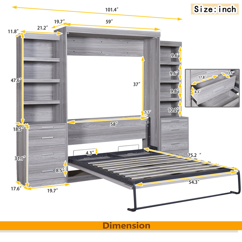 Lit escamotable avec tablettes et tiroirs de rangement
