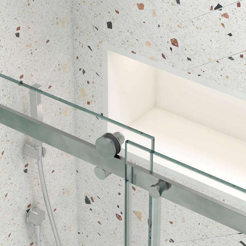 Cadre de porte de salle de bain coulissante - Verre trempé et lisse 5/16 po avec traitement Nano, Argent argent