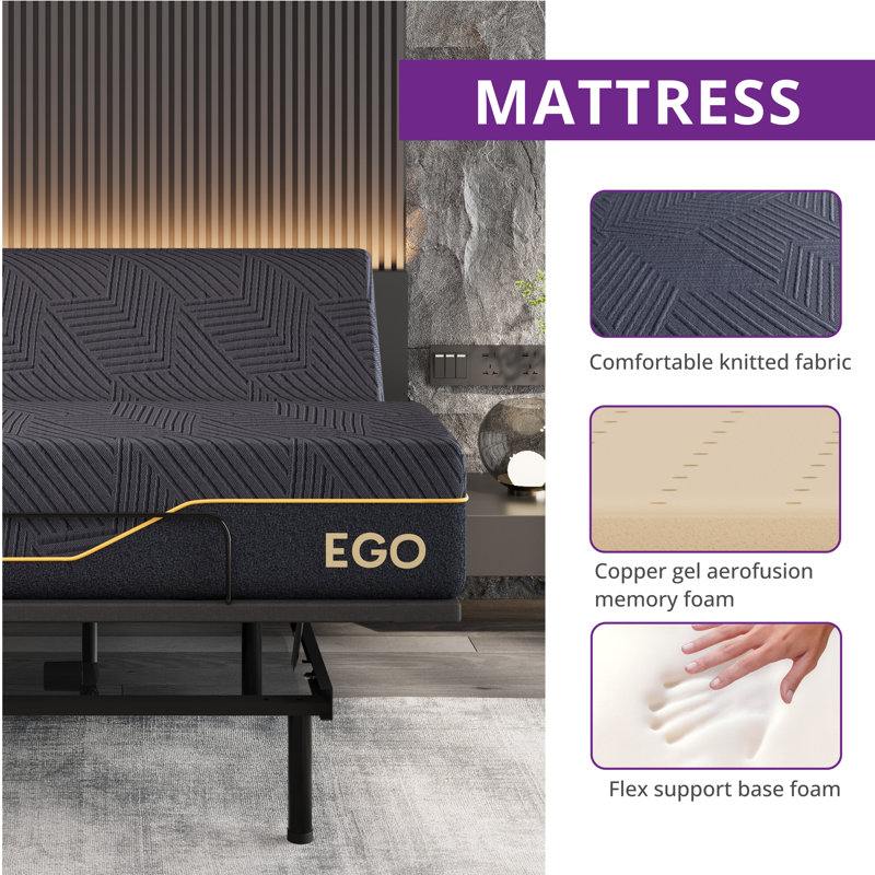 EGOHOME 12” Massaging Zero Gravity Adjustable Bed With 14” Gel Memory Foam Mattress, Underbed Light, Split King
