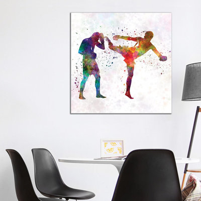 Two Men Exercising Thai Boxing Silhouette 1 Piece Wrapped Canvas Painting