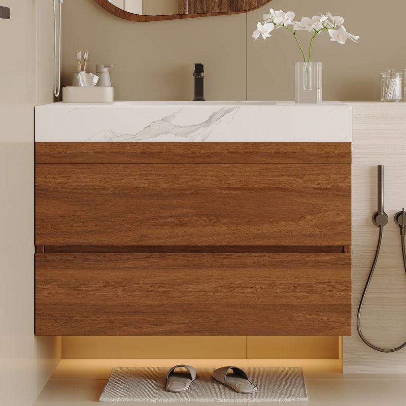 Modern Floating Bathroom Vanity with Faux Marble Top and Ceramic Undermount Sink, Wall-Mounted for Small Bathrooms and Apartments