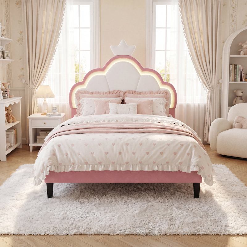 Acamas Pink Princess Bed with LED Lights, Velvet Upholstery, Crown Headboard, Adjustable Height & Solid Wood Slats