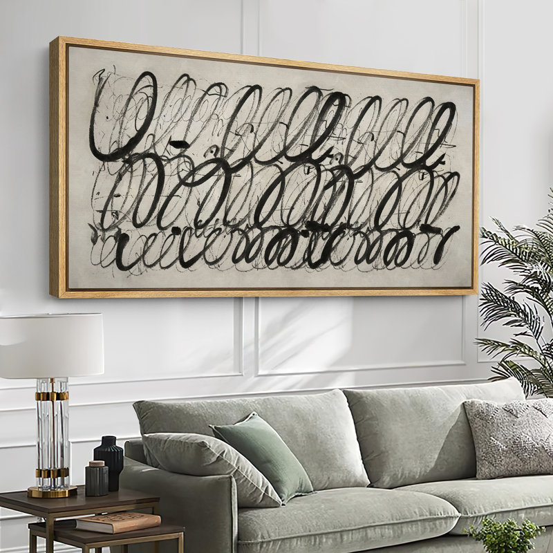 Calligraphie abstraite noire, reproduction sur toile, H 30 po x l 60 po, Naturel