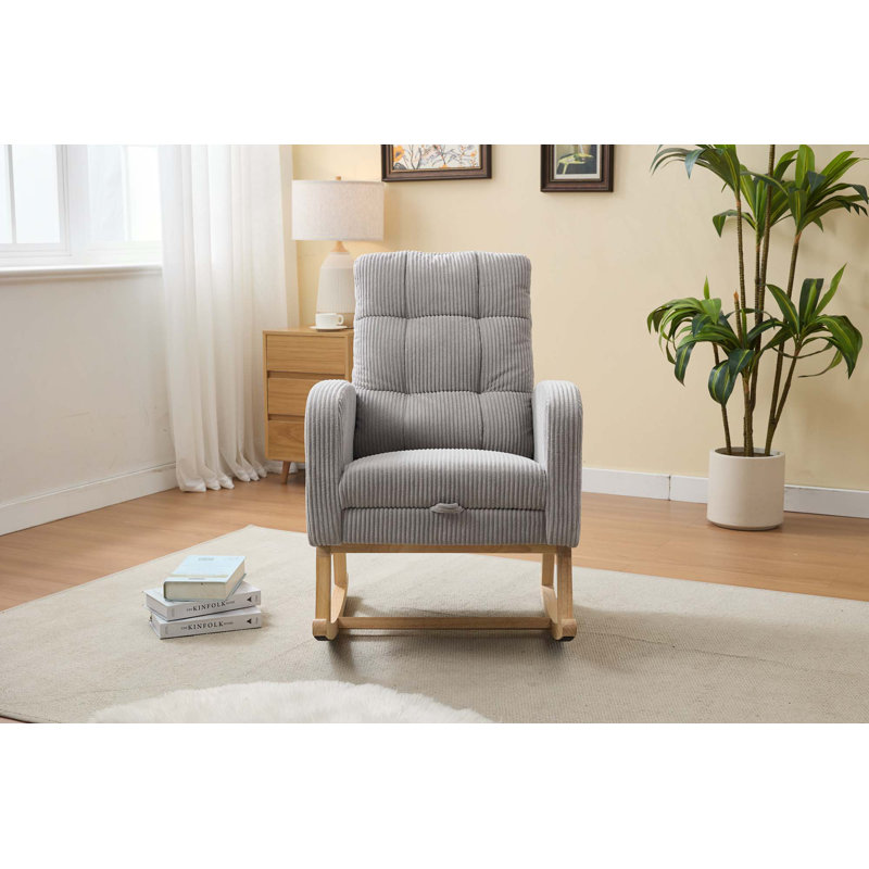 Chaise berçante moderne avec dossier haut, repose-pieds réglable et poche latérale pour le salon, Gris clair