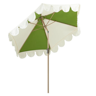  9ft Scalloped Patio Umbrellas With Fringe, Market Umbrellas With Water-resistant And Fade Resistant Canopy, 1.5" Wood Pole & Button Tilt.