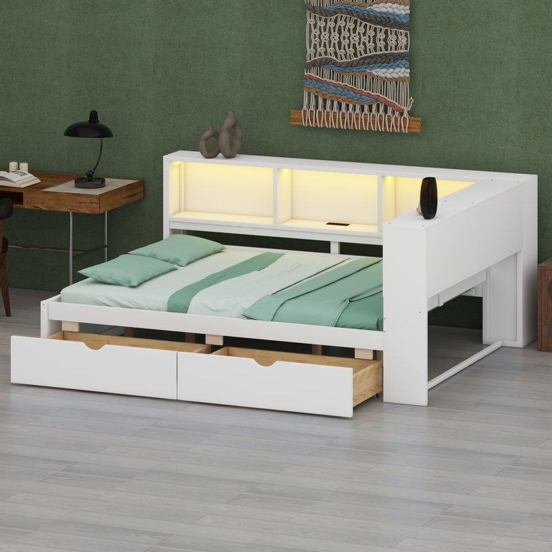 Structure de lit de jour multifonctionnelle avec tablettes intégrées, tiroirs et connectivité USB, Blanc