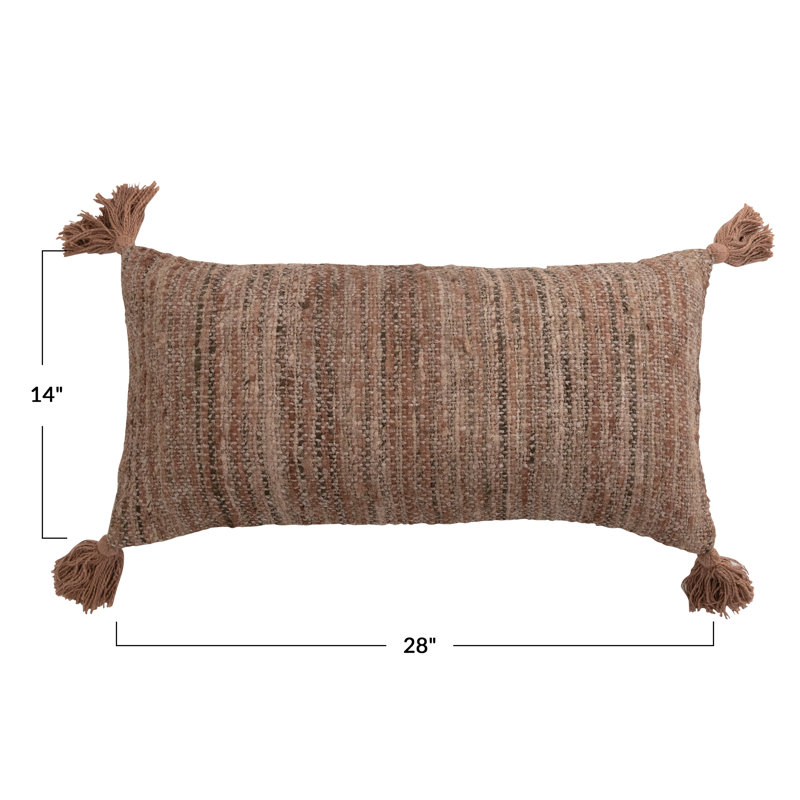 Tan Woven Cotton Striped Lumbar Pillow with Tassels