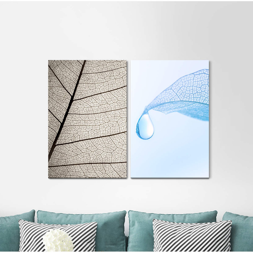 2-tlg. Leinwandbilder-Set - Grafikdruck „Leaves Structure Leaf Veins Plants Water Drops Light Blue”