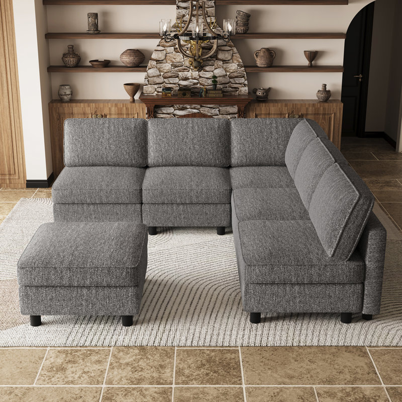 Canapé d'angle en L avec repose-pieds pour appartement, Mélange de polyester gris