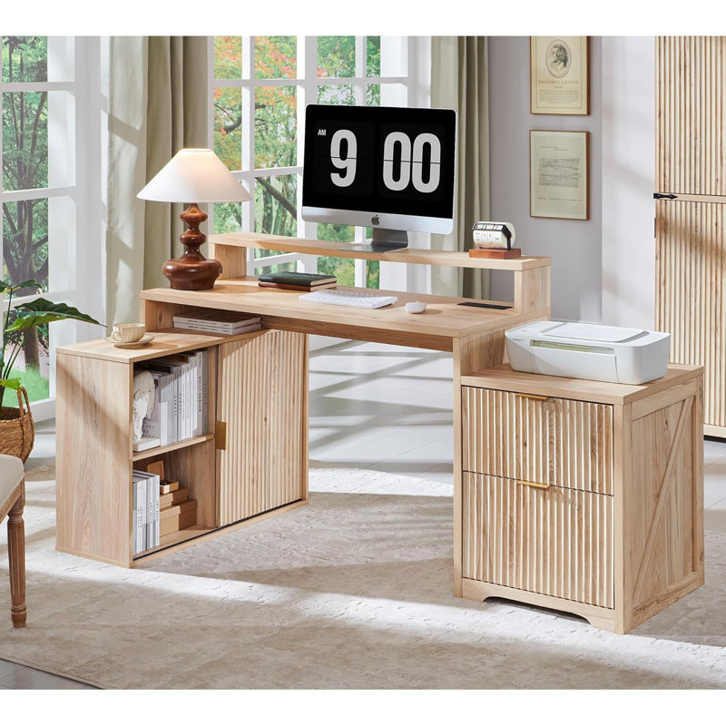 67" L Shaped Desk With Drawers And Power Outlet, Home Office Computer Desk With Monitor Stand, Storage Cabinet, Tan