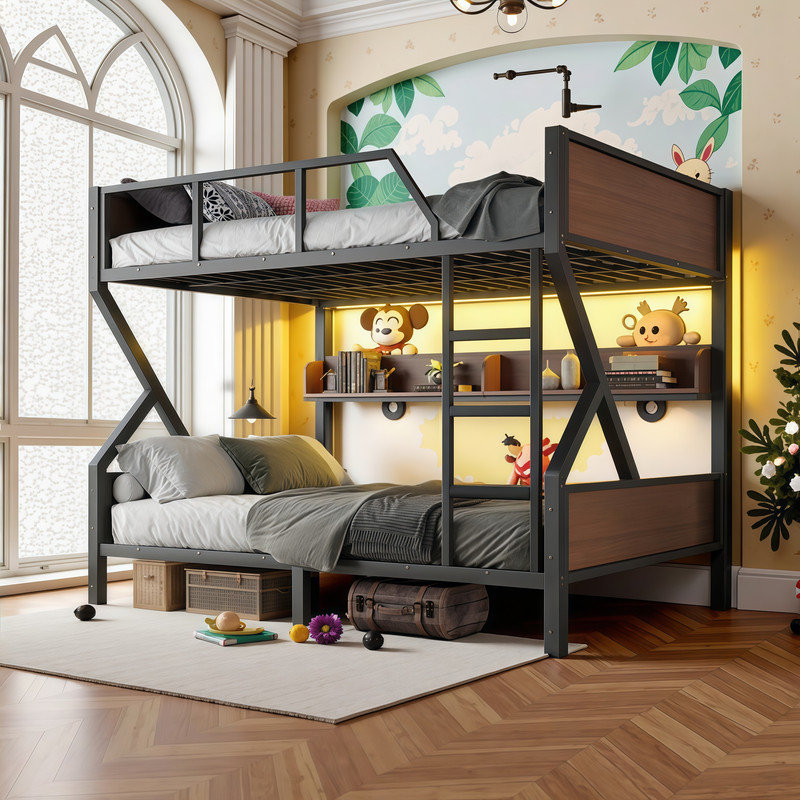 Lit superposé grand sur grand avec tablettes de rangement et lumières DEL