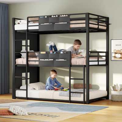 Twin Size Triple Bunk Bed with 2 Side Storage Pockets, Black Metal Open-Frame with Double Window Guardrails, Space-Saving 3-Tier Bed for Shared Bedrooms & Compact Spaces