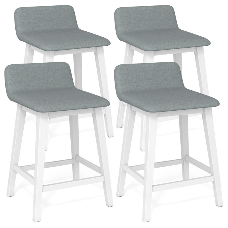 Upholstered Barstools w/ Low Back Footrest & Wood Legs for Kitchen Island, Gray Seat/White Frame, 4