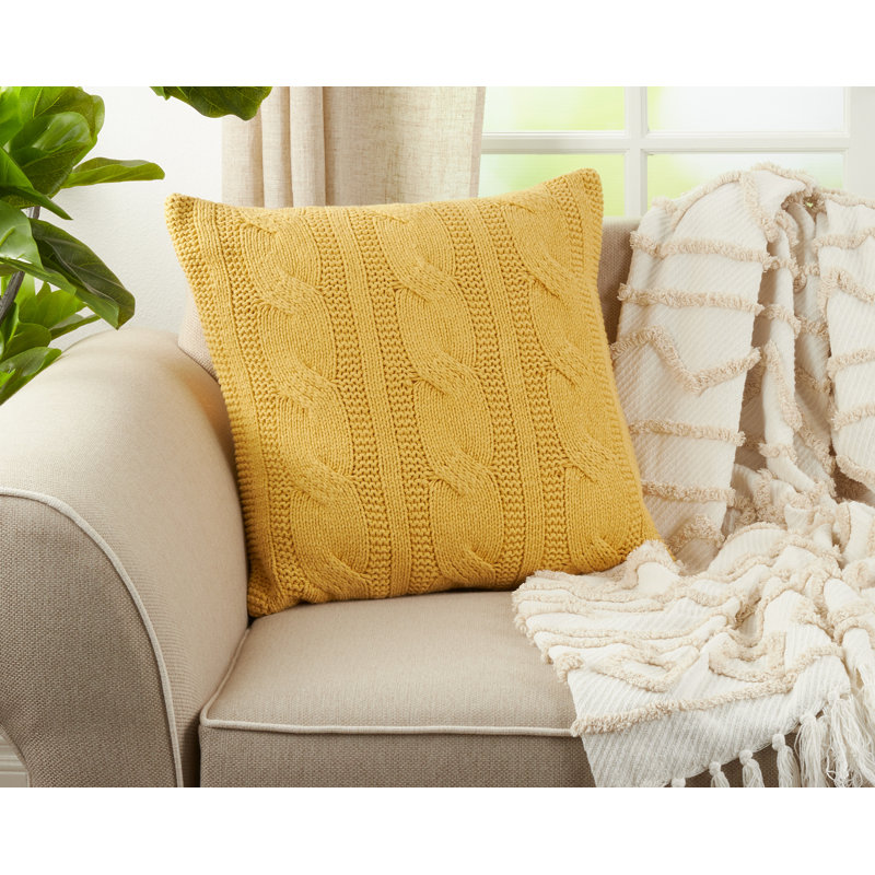 Aryaz Cable Knit Cotton Feather Throw Pillow, Saffron