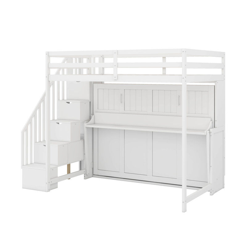Lit escamotable double sur double avec lève-personne hydraulique et conception de bureau, Blanc
