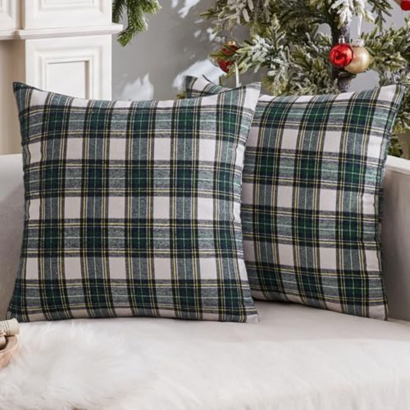 Housses de coussin de Noël écossais tartan écossais 20 x 20 bleu, Carreaux vert / blanc, Square 20"