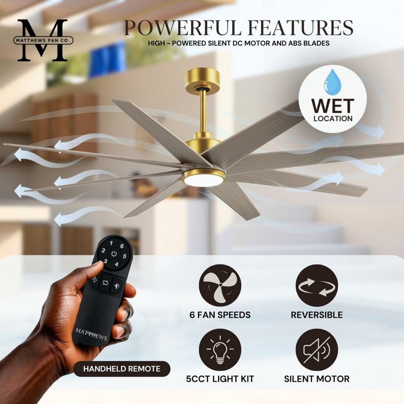 Ariella - Eight Blade Ceiling Fan - Integrated LED - Matte Black Finish - Matte White Blades, Gray Ash Tone, Brushed Brass