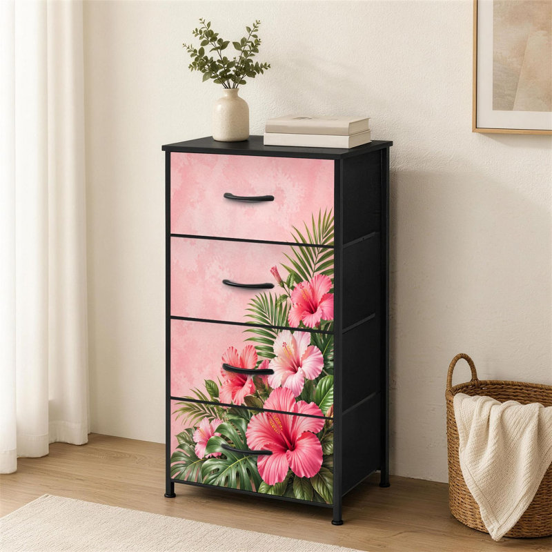 Commode à 4 tiroirs pour la chambre à coucher Hibiscus aux fleurs vibrantes Feuilles vertes tropicales Petite rose pâle Grande commode à vêtements pour organisateurs de placard avec commode