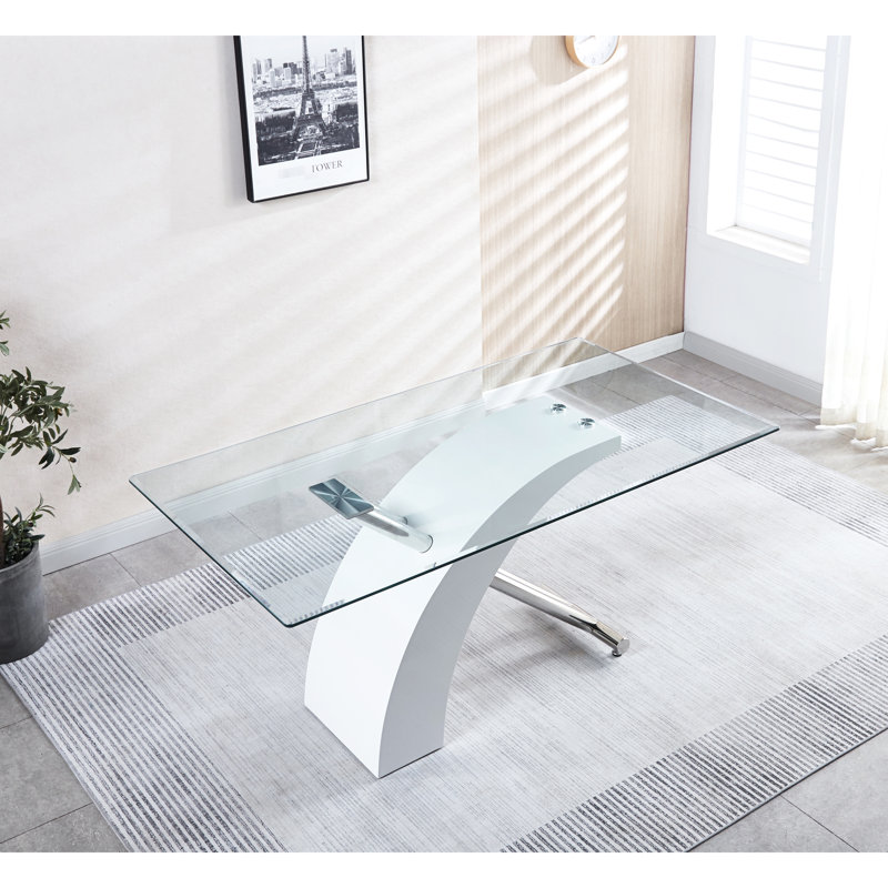Stylish Modern Dining Table With 0.39" Thick Tempered Glass Top, Lacquer - Coated Base, Accented Accents, White Main Colour, 64.4 In Depth, 34.83 Width, Perfect For Room, Assembly Needed Luxury