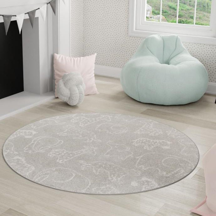 Tapis pour enfant Whimsy Safari, Rond 5 pi 3 po, Gris / Ivoire