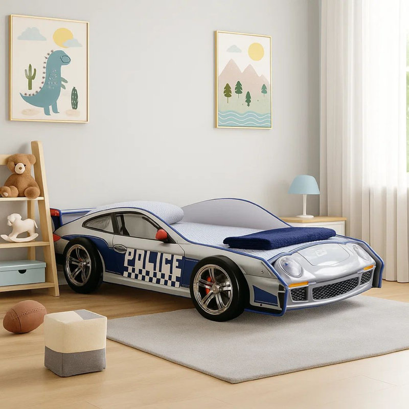 Lit pour enfant Peri avec voiture de police réaliste, blanc, bleu