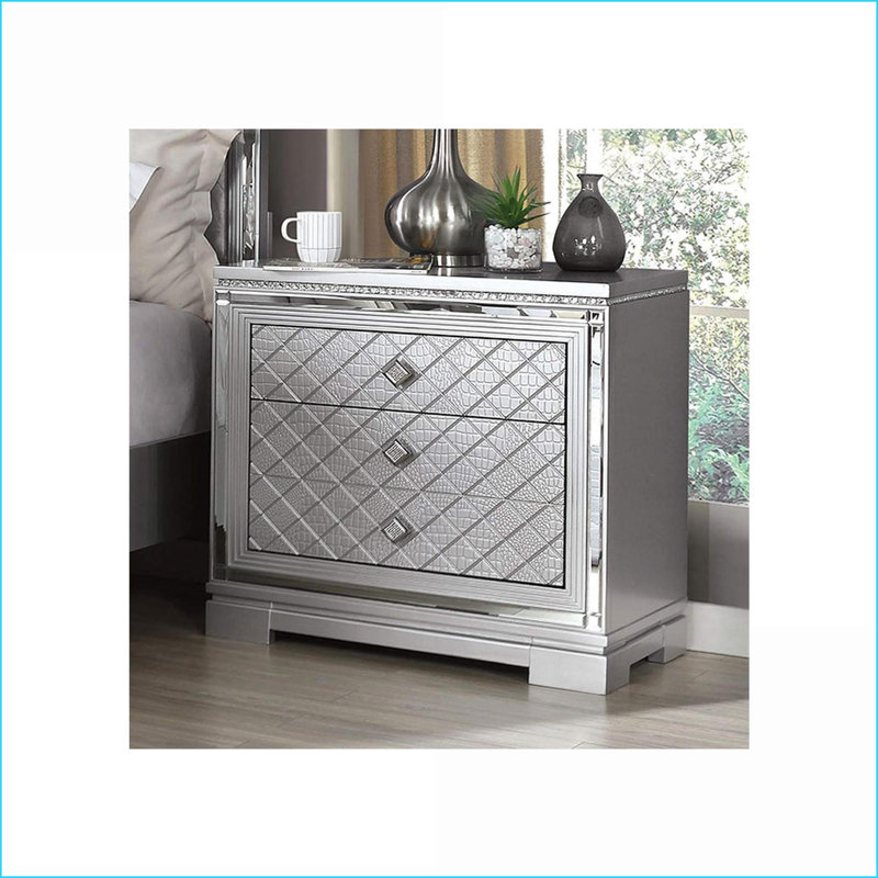 Silver Glam Nightstand with Hidden Jewellery Drawer &amp; USB Charger