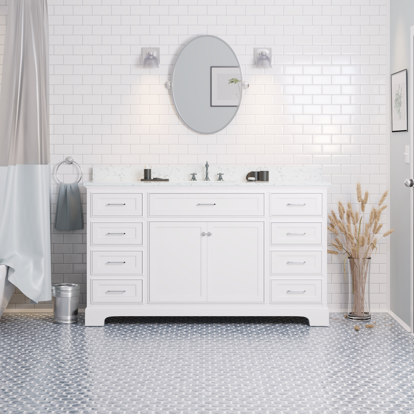 Ronnie 60'' Single Bathroom Vanity, White, Engineered Marble
