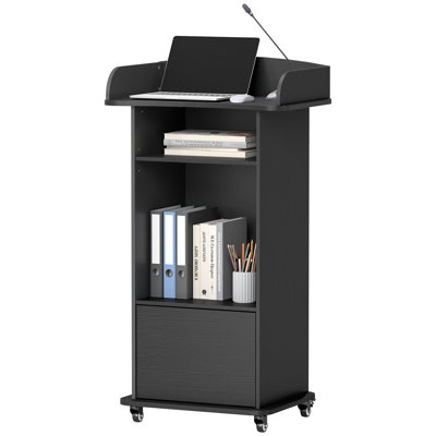 Podium Stand With Locking Casters, Adjustable Shelf & Hidden Storage For Classroom、church、conference