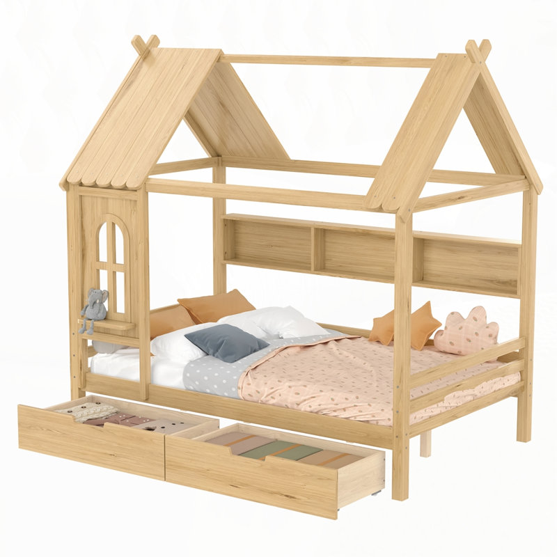 Lits de maison avec tiroirs de rangement et fenêtre, Complète, Naturel