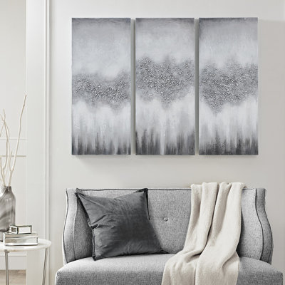Lumineuses décorations murales en toile, 3 embellissements lourds, abstrait gris et noir, pierres naturelles scintillantes, intérieur, l 15 po x H 35 po P 1,5 po chaque art, avec intérieur seulement,
