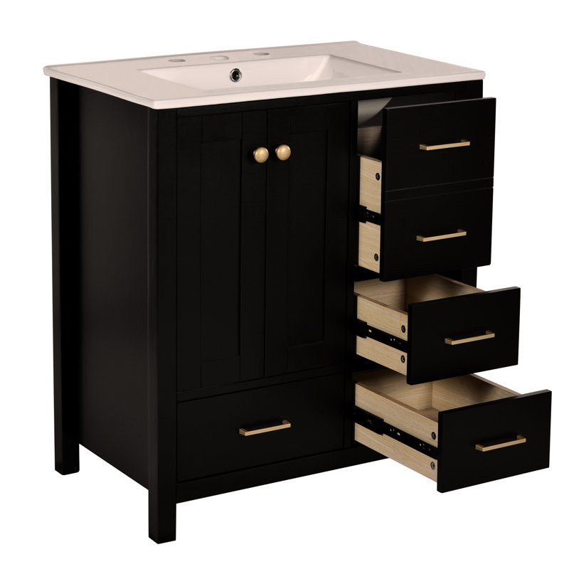 Ensemble de meuble-lavabo autoportant 30 po avec lavabo en céramique, cadre en bois massif, 4 tiroirs et portes à fermeture douce