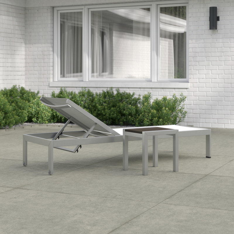 Bashira Outdoor Patio 2 Piece Single Chaise and Table Set, Silver