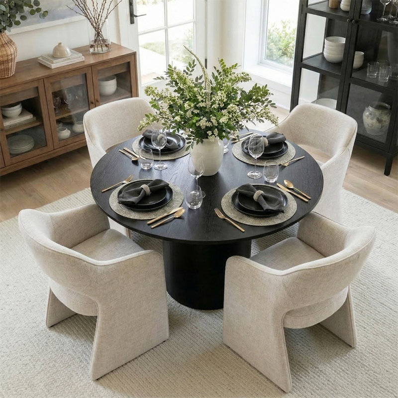 Ensemble de table de salle à manger pour 4 personnes avec table ronde et 4 chaises rembourrées en tissu, Beige, Noir
