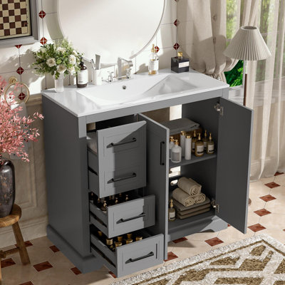 Meuble-lavabo avec lavabo en céramique, tablette réglable et 3 tiroirs