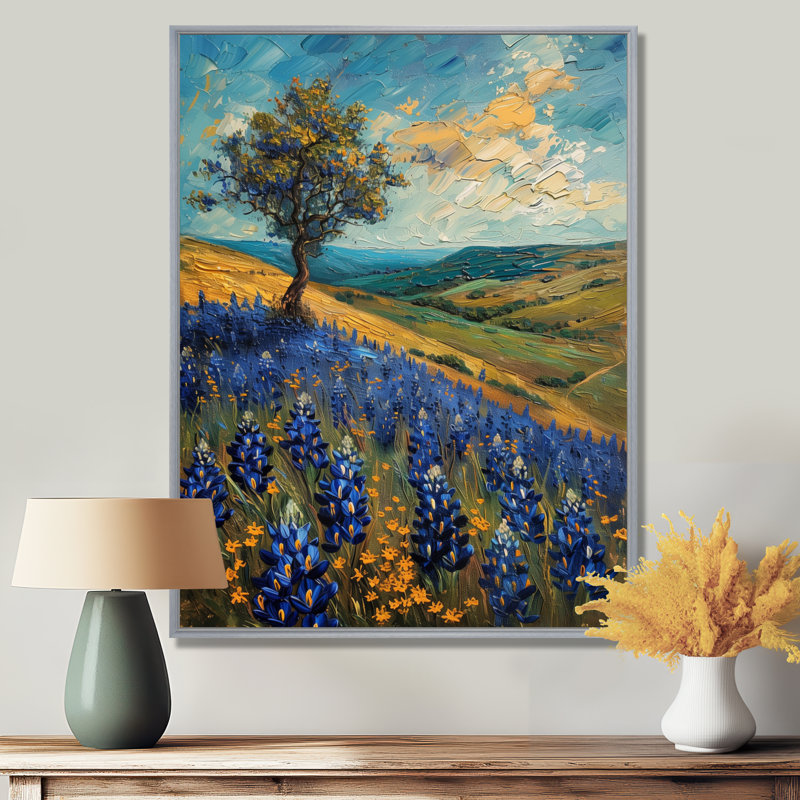 «Blue Green Morning Magic Blue Bonnets Fields» - art mural Bonnets bleus, H 30 po x l 40 po, Encadrement argenté