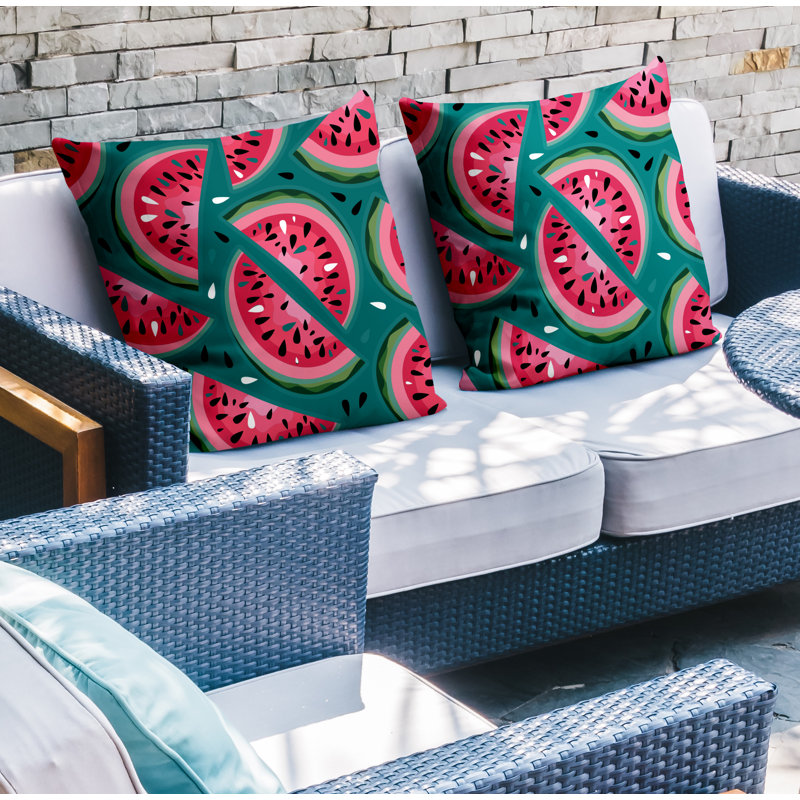 Oreiller carré intérieur / extérieur Yumelon Watermelon, L 15 po x H 15 po, Émeraude / rouge