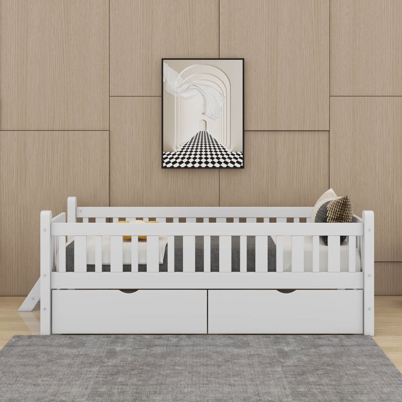Lit plateforme simple en bois avec tiroirs et garde-corps, Blanc