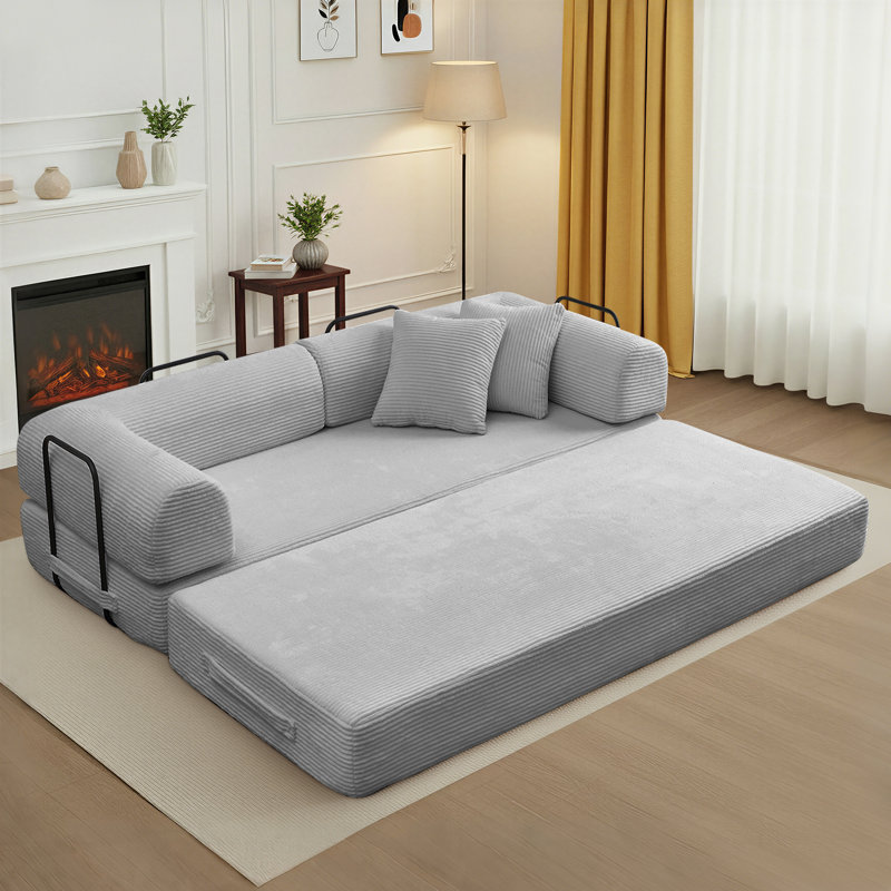 78" Compression Corduroy Sleeper Sofa, Convertible Upholstered Couch with 2 Pillows, No Assembly Required, Light Gray