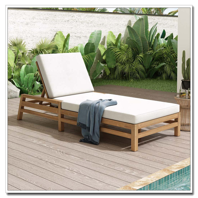 Chaise longue d'extérieur réglable à 5 positions avec structure en bois d'acacia et coussins épais, Teck clair