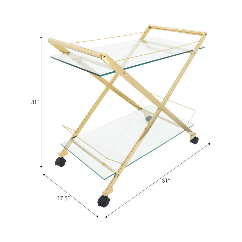 Pagan Bar Cart Metal and Glass Glam Design with Sleek Modern Style and Rolling Wheels for Versatile Entertaining, Gold