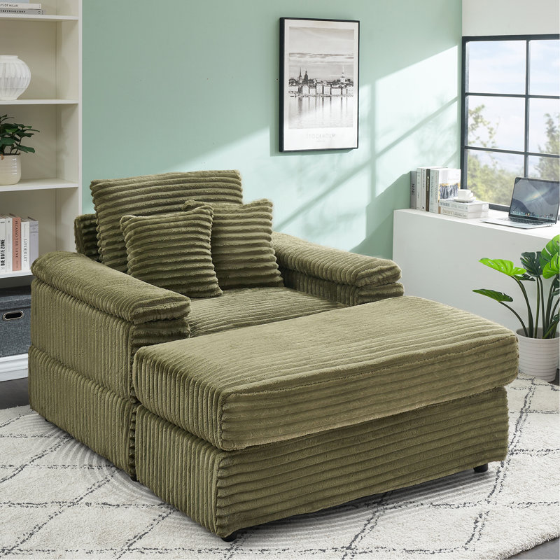 Izeyah 44"W Corduroy Chaise Lounge Sofa Chair with Ottoman for Living Room, Bedroom, Office, Olive Green