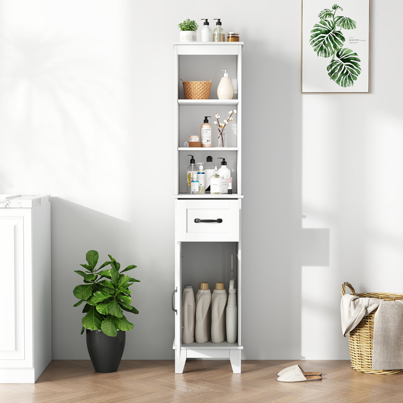 63'' H X 13'' W Freestanding Tall Bathroom Cabinet With Drawers，Solid Wood slim bathroom storage cabinet 3 Shelves & 2 Drawer
