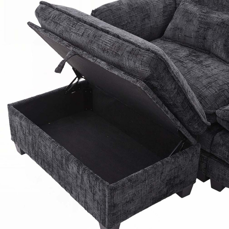 Canapé-lit modulaire en tissu chenille de 109,84 po avec repose-pieds de rangement mobile, support pour téléphone, port de charge USB