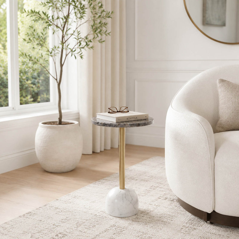 Table d'appoint ronde artistique en pierre et métal pour salon - Meuble d'appoint contemporain et élégant au profil étroit pour bureau - 48 cm, violet et or