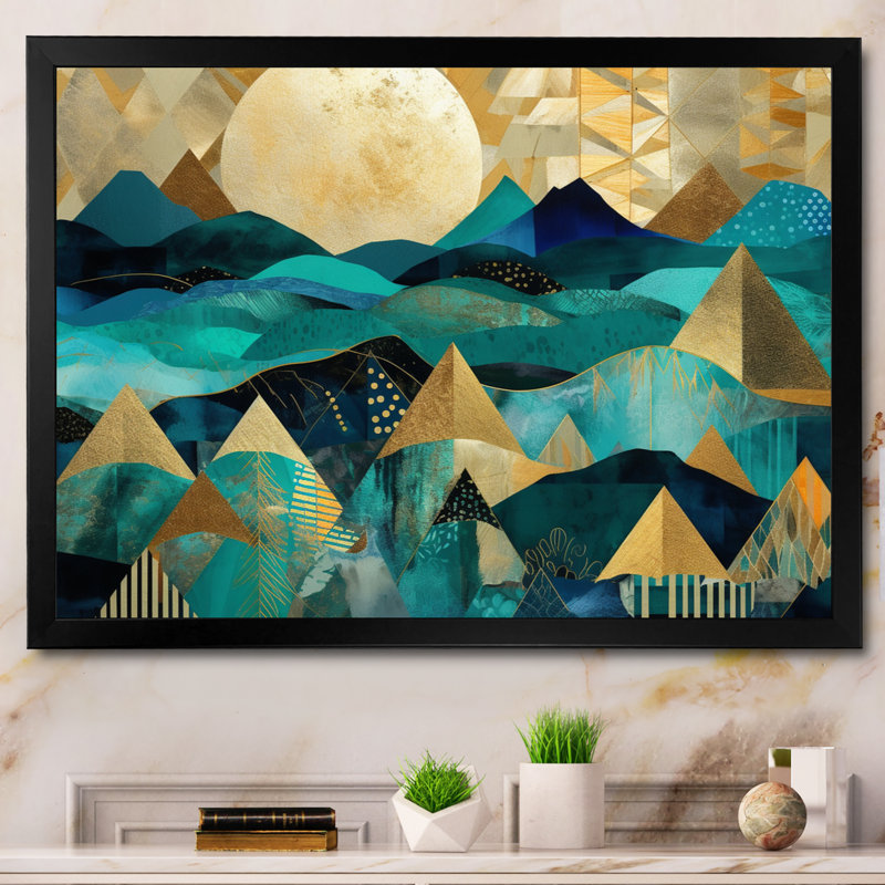 «Tuquoise and Gold Landscape In Symmetry», reproduction d'art sur toile, H 16 po x l 32 po x P 1 po, Cadre flottant noir