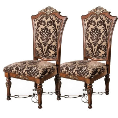 2Pcs Brown Cherry Solid Wood Intricate Side Chairs With Floral Print Fabric Seats For Dining Area (2Pcs) - Wood, Carvings, Seats, Traditional